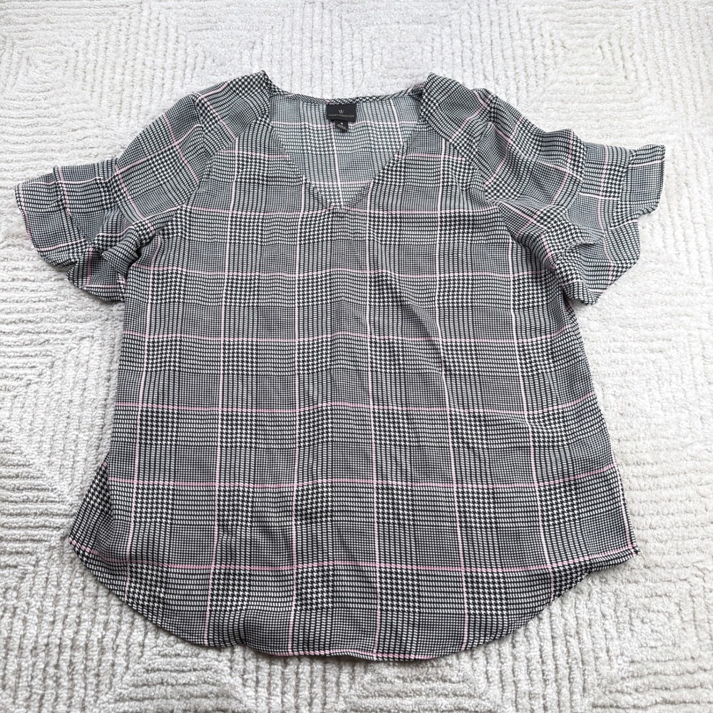 Worthington Ruffle Sleeve Blouse Womens Small Black Plaid Workwear Office Mod